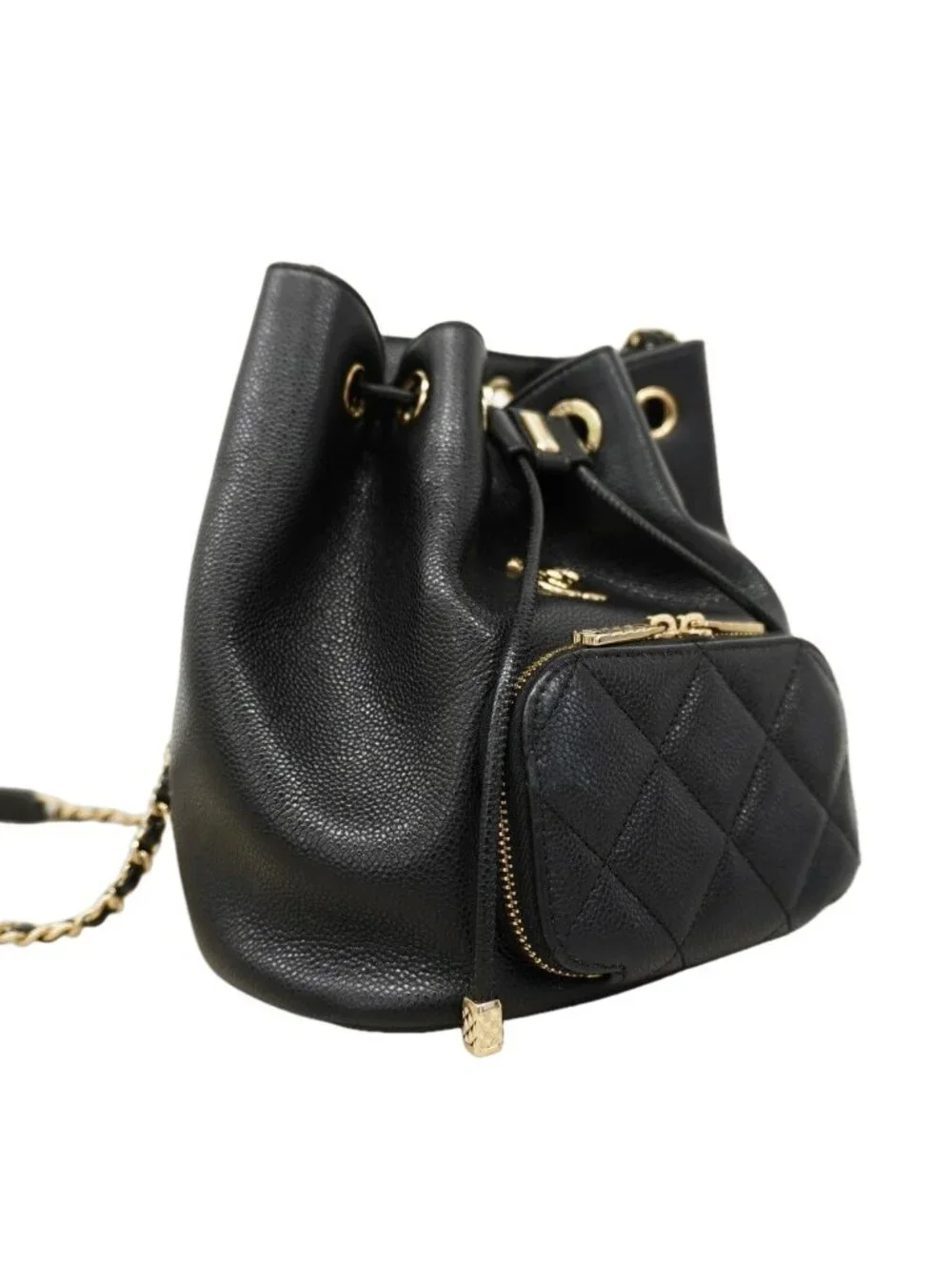 Chanel Shoulder Bag Quilted Caviar Leather Black Champagne Gold